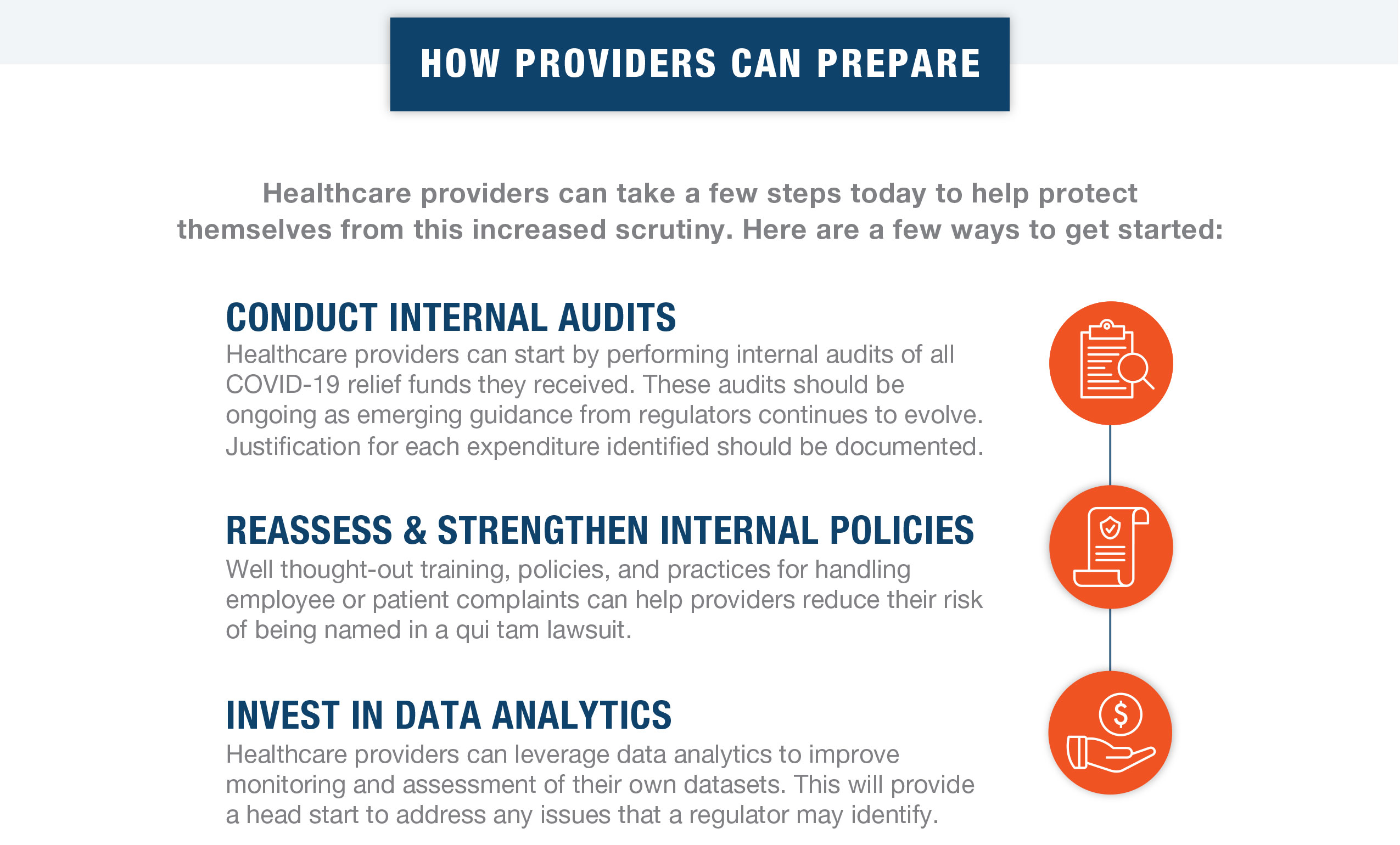 HOW PROVIDERS CAN PREPARE

Healthcare providers can take a few steps today to help protect themselves from this increased scrutiny. Here are a few ways to get started:

CONDUCT INTERNAL AUDITS
Healthcare providers can start by performing internal audits of all COVID-19 relief funds they received. These audits should be ongoing as emerging guidance from regulators continues to evolve.  Justification for each expenditure identified should be documented.

REASSESS & STRENGTHEN INTERNAL POLICIES
Well thought-out training, policies, and practices for handling employee or patient complaints can help providers reduce their risk of being named in a qui tam lawsuit.

INVEST IN DATA ANALYTICS
Healthcare providers can leverage data analytics to improve monitoring and assessment of their own datasets. This will provide a head start to address any issues that a regulator may identify.